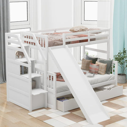 Twin over Full Convertible Bunk Bed with Slide, Solid Wood Frame, Storage Staircase, and Drawers in White