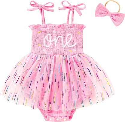 Adorable Baby Girl's 1st Birthday Tulle Romper - Sleeveless Bodysuit for Cake Smash Celebrations