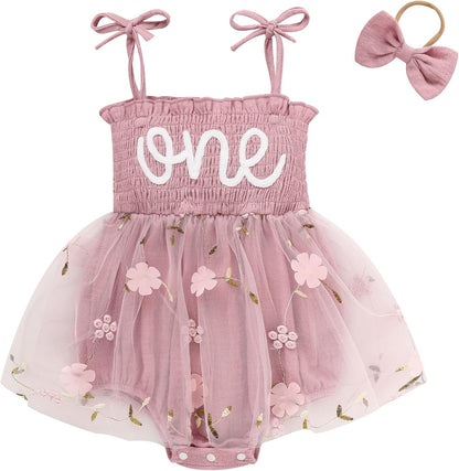 Adorable Baby Girl's 1st Birthday Tulle Romper - Sleeveless Bodysuit for Cake Smash Celebrations