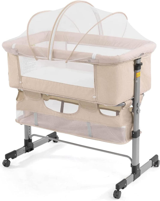 Versatile 3-in-1 Bedside Crib for Newborns - Portable, Adjustable with Mosquito Net - Stylish Deep Khaki Design