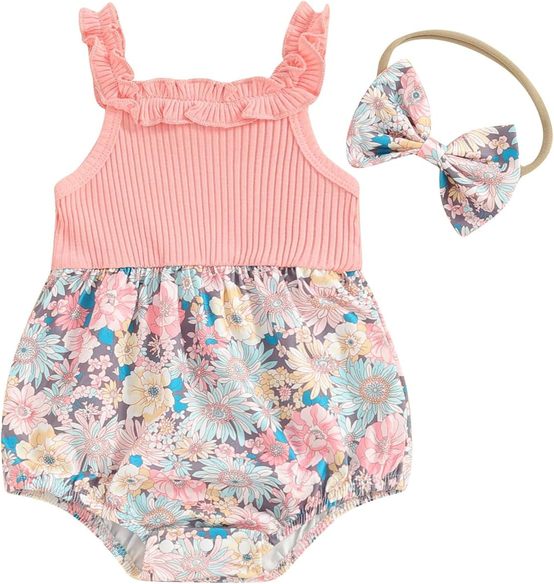 Baby Girls Floral Daisy Playsuit with Headband - Summer Halter Romper and Bodysuit