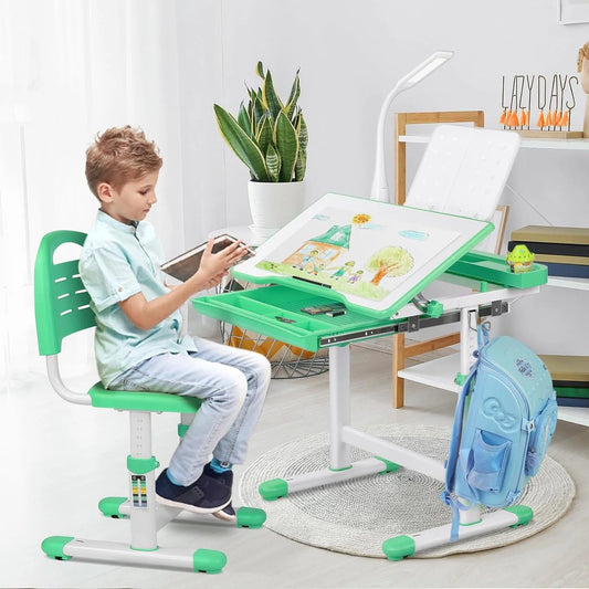 Vibrant Green Kids Adjustable Study Desk and Chair Set with Tilt Desktop, Metal Hook, and Storage Drawer