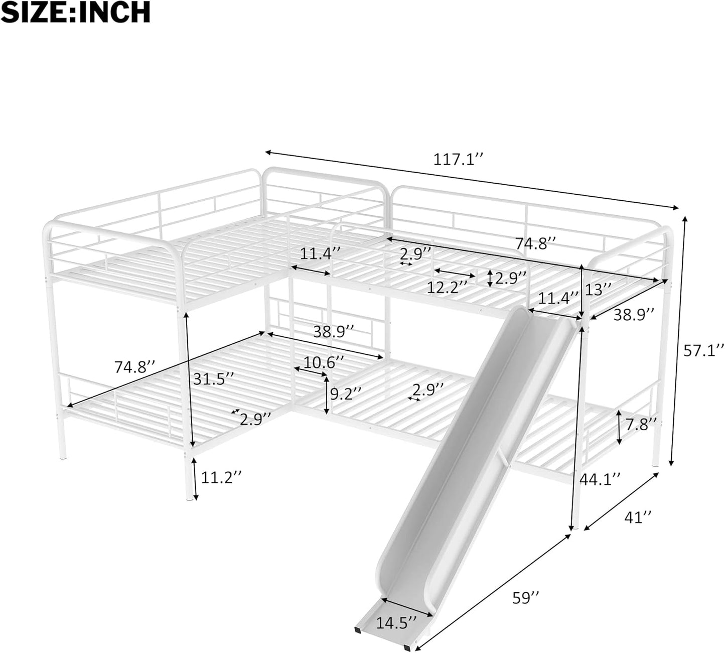 L-Shaped Twin Metal Bunk Bed with Slide - Fun & Space-Saving Design for Kids, Accommodates Up to 4, No Box Spring Needed!