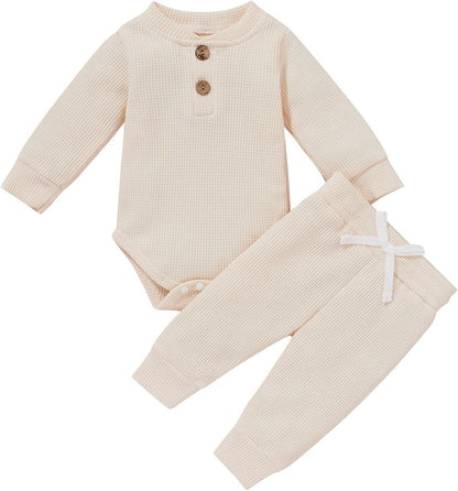 Cozy Ribbed Cotton Long Sleeve Romper & Pants Set for Newborns - Perfect Fall/Winter Outfit