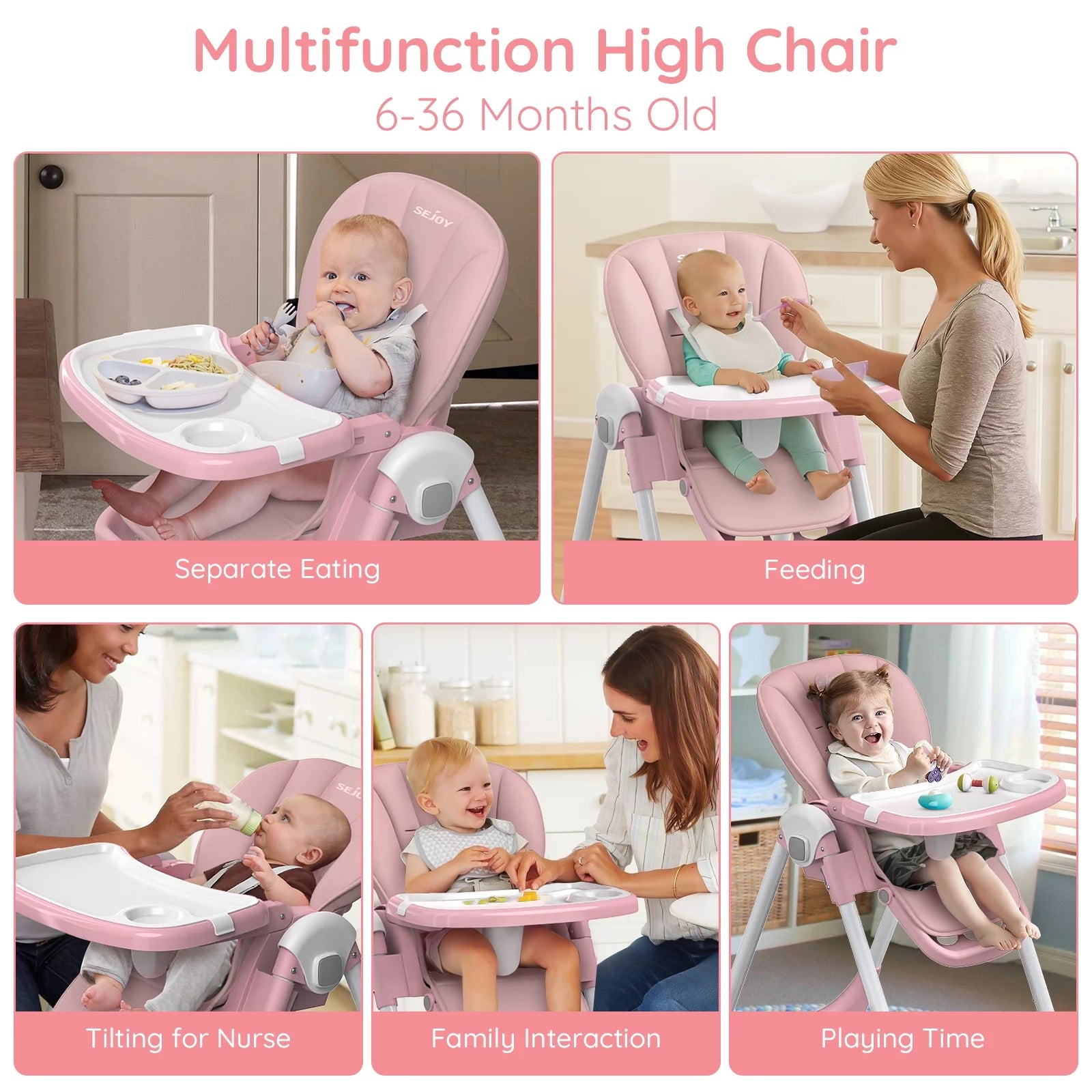 Stylish Pink Foldable High Chair for Toddlers with Adjustable Seat Height and 4 Wheels