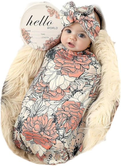 Floral Newborn Receiving Blanket and Headband Set - Perfect for Your Little One!