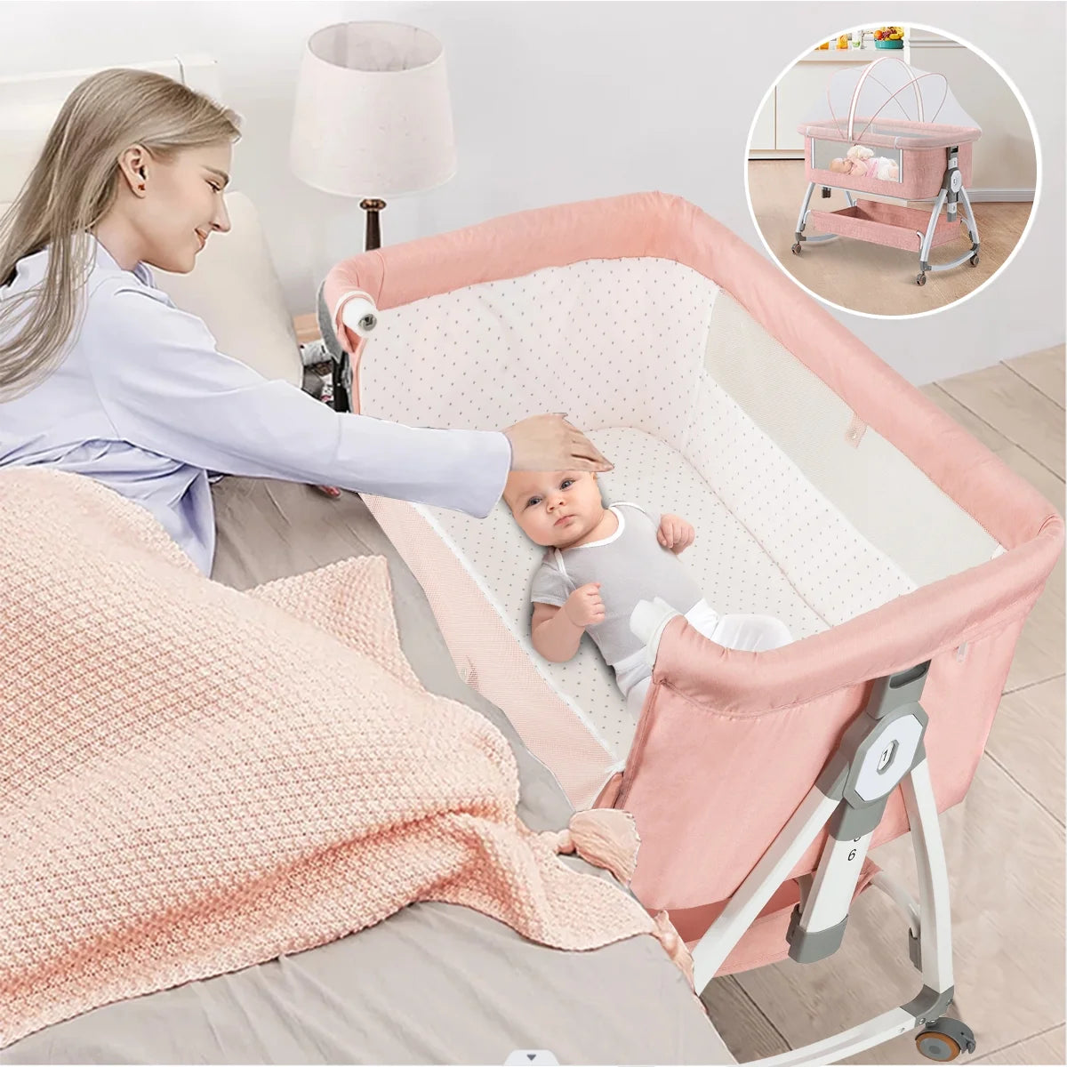 Portable Pink Folding Baby Bassinet with Wheels - Ideal Travel Crib for Comfort and Convenience