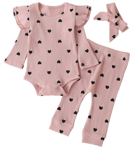 Baby Girl'S 3Pc Rib Frill Long Sleeve Romper and Pant Set