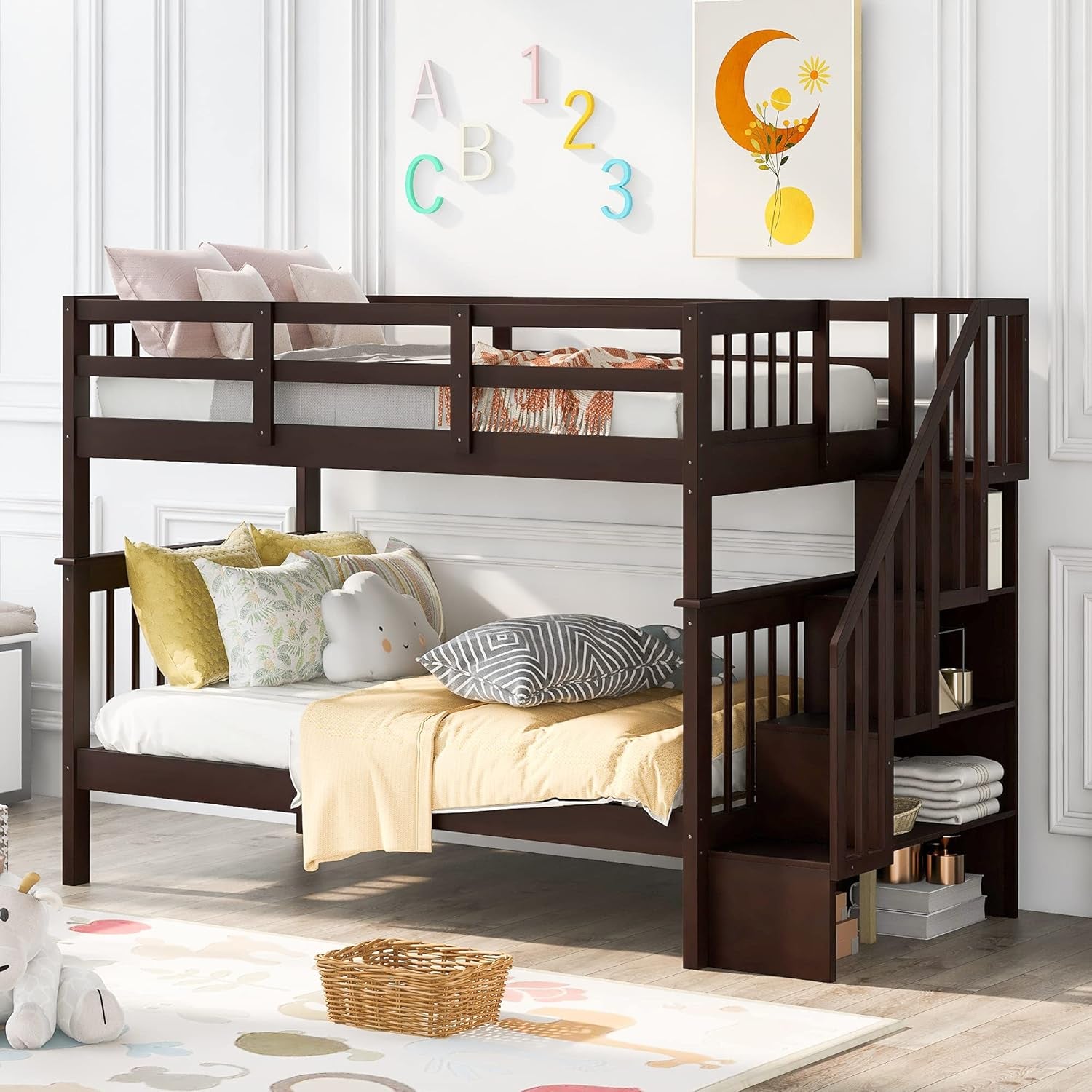 Stylish Twin Over Full Bunk Bed with Convenient Stairway and Smart Storage Solutions