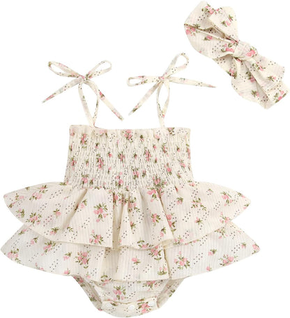 Baby Girls Floral Daisy Playsuit with Headband - Summer Halter Romper and Bodysuit