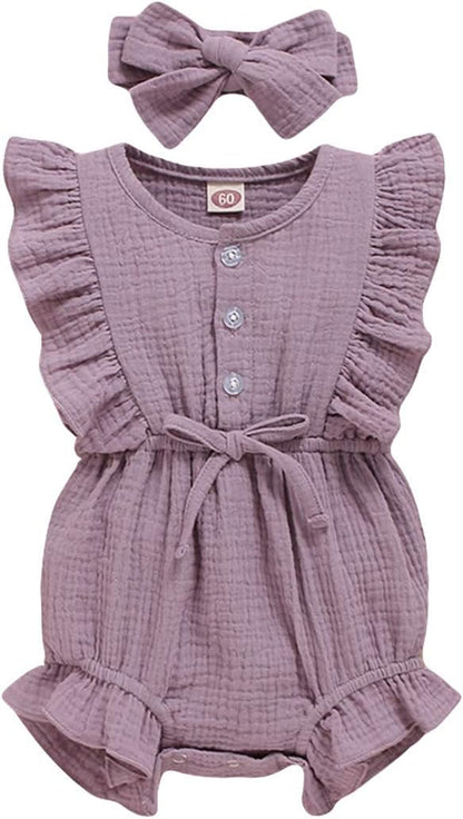 Adorable Ruffled Sleeveless Summer Romper for Toddler Girls - Soft Cotton Linen Comfort