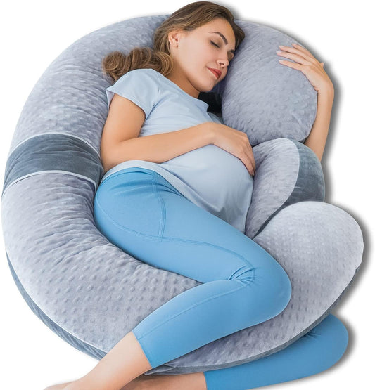 E-Shaped Full Body Pregnancy Pillow with Wedge for Belly Support, 60-Inch Maternity Pillow for Side Sleepers in Grey Bubble Velvet