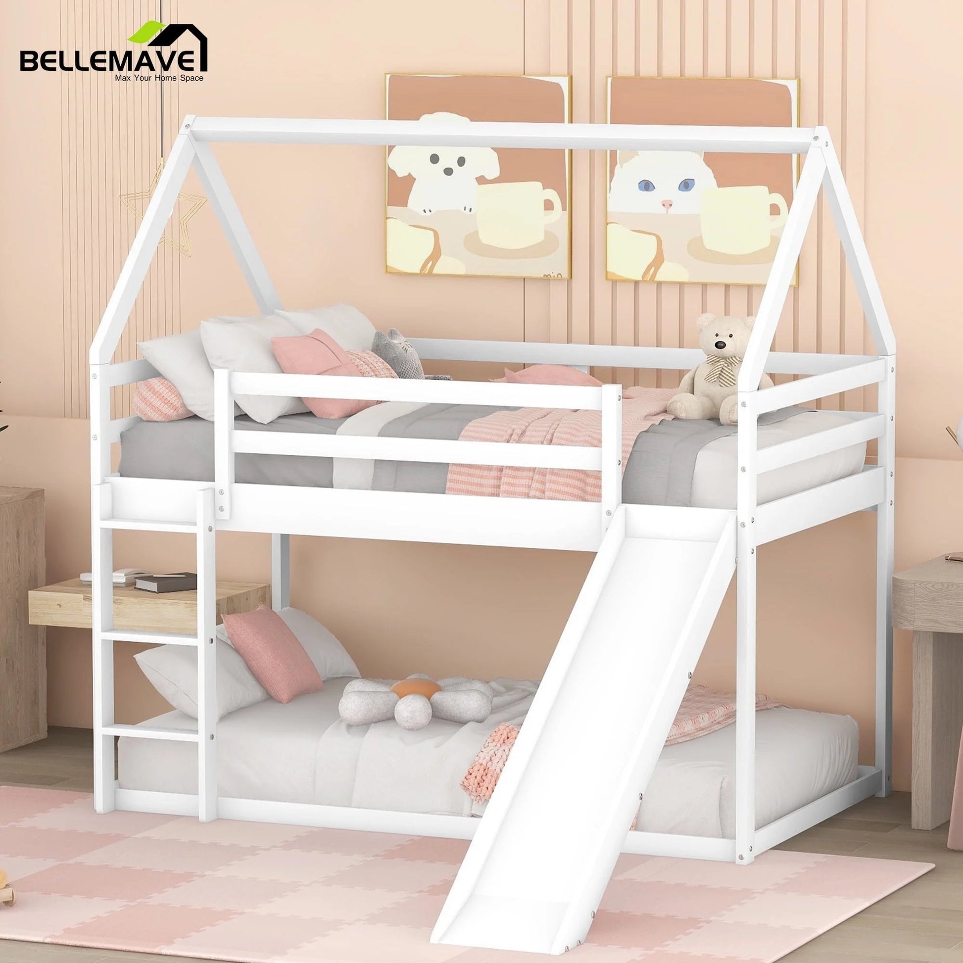 Chic Gray Wooden Bunk Bed for Kids - Safe, Fun, and Space-Saving Design with Ladder & Guardrails