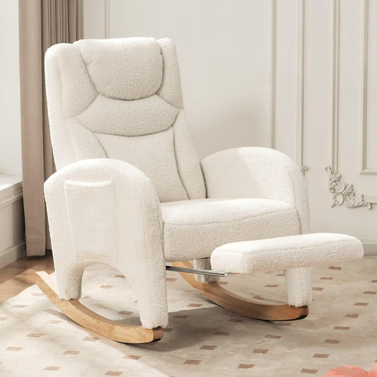 Teddy Ivory Modern Nursery Rocking Chair - Adjustable Footrest, Solid Wood Legs, High Backrest Glider Armchair with Side Pocket for Living Room and Bedroom