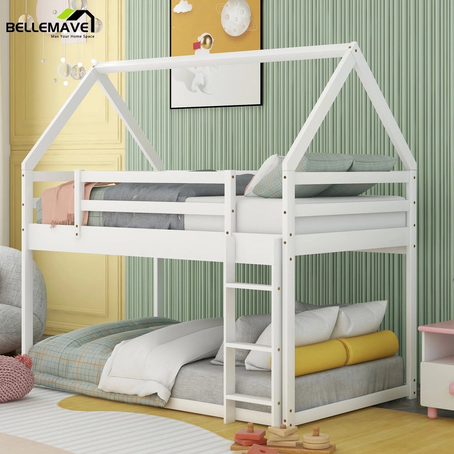 Chic Gray Wooden Bunk Bed for Kids - Safe, Fun, and Space-Saving Design with Ladder & Guardrails